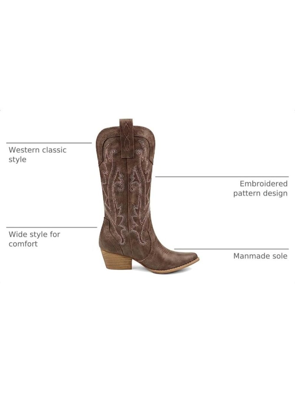 Women's Brown Pointed Toe Western Western Embroidery Mid Calf Cowgirl Boots - Picture 3 of 6
